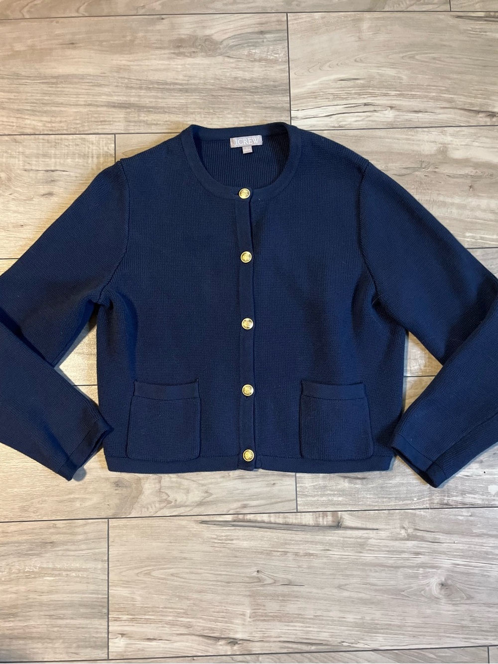 J. Crew Emilie Sweater Lady Jacket Navy Blue Gold Button Knit Cardigan L